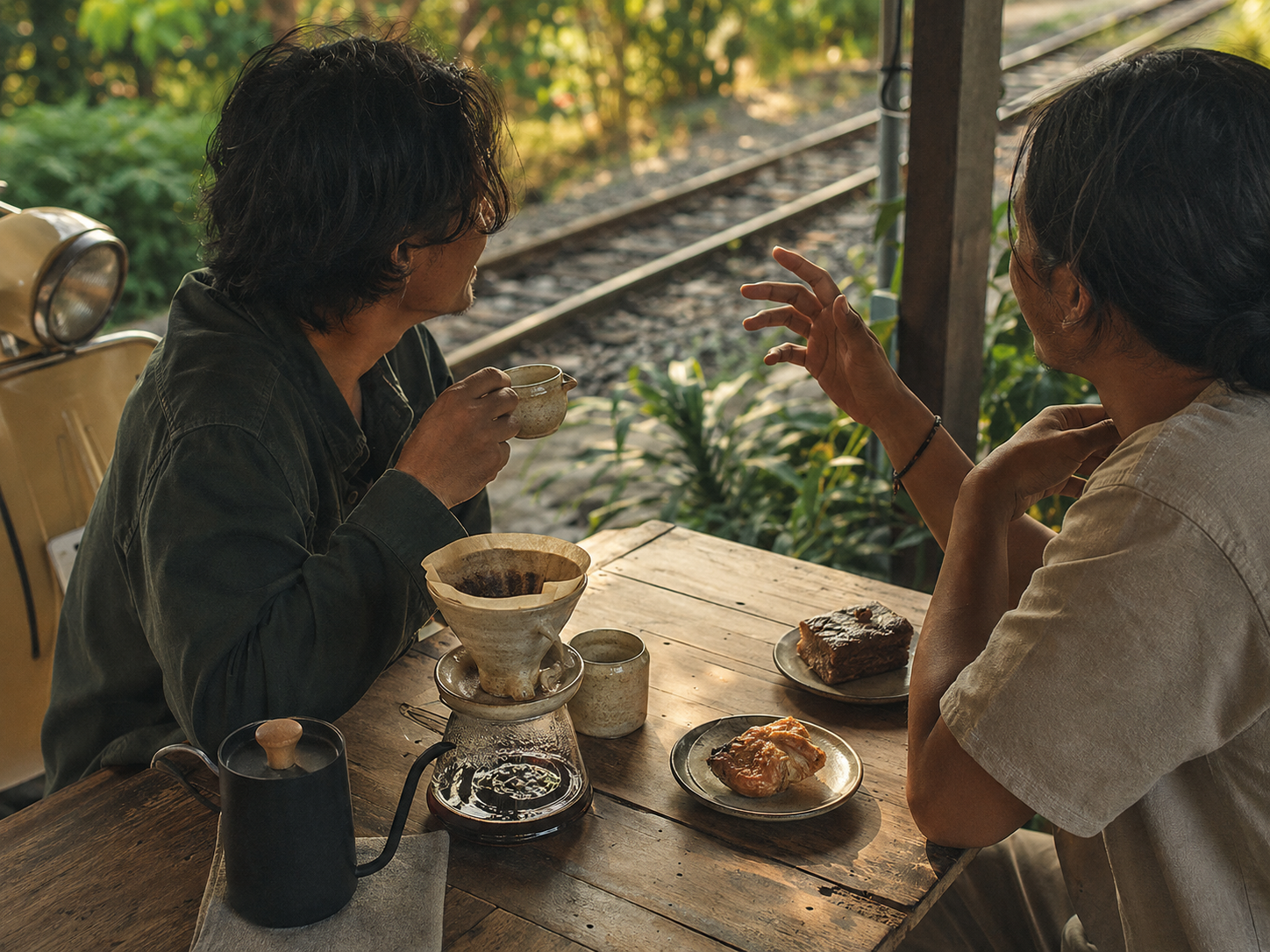 Dua teman berbincang ditemani kopi